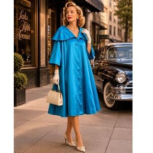 Vintage‎ 50s swing Opera coat Satin Blue Sz L round collar B Forman Co.